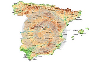 High detailed Spain physical map with labeling.