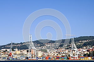 City view of Vigo with container terminal in seaport