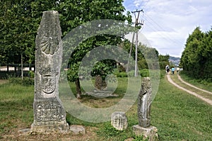 Old memorial stone on Saint James Way in Spain