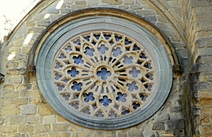 Spain, San Sebastian, 33 Narrika Kalea, Saint Vincent\'s Church, stained-glass windows on the facade of the church