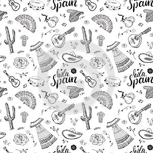 Spain seamless pattern doodle elements, Hand drawn sketch spanish traditional guitars, dress and music instruments, map of spain a