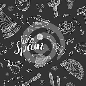 Spain seamless pattern doodle elements, Hand drawn sketch spanish traditional guitars, dress and music instruments, map of spain a