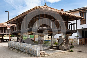 Spain; Sep 20: HÃÂ³rreo, traditional granary from the North of Spain, built in wood and stone on four pillars that raise the horreo photo