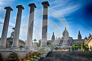 Spain square or Placa De Espanya during morning golden hour, with the National Museum, in Barcelona, Spain