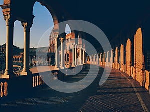 Spain Square in Sevilla at golden hour