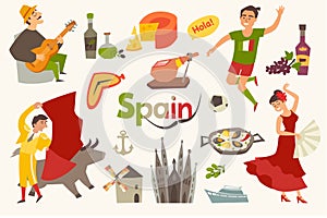 Spain traditional symbols set.Travel tourist element