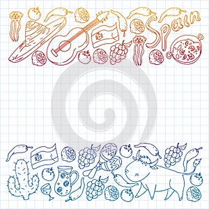 Spain travel. Pattern with spanish vector doodles elements. Eat spanish food. Play spanish guitar, dance flamenco photo