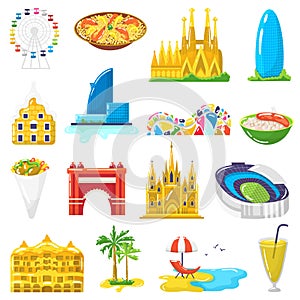 Spain travel tourist attractions, tourism in Barcelona vector illustrations, icons set isolated on white background