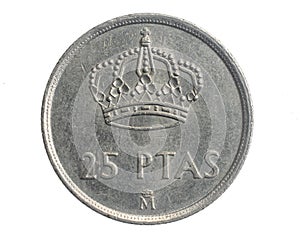 Spain twenty five ptas coin on white isolated background