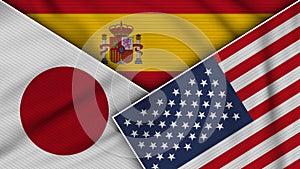 Spain United States of America Japan Flags Together Fabric Texture Illustration