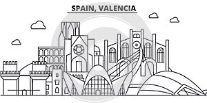 Spain, Valencia architecture line skyline illustration. Linear vector cityscape with famous landmarks, city sights