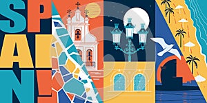 Spain vector skyline illustration, postcard. Travel concept in modern flat graphic design element