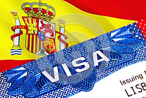Spain Visa in passport. USA immigration Visa for Spain citizens focusing on word VISA. Travel Spain visa in national