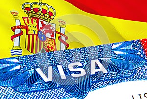 Spain Visa. Travel to Spain focusing on word VISA, 3D rendering. Spain immigrate concept with visa in passport. Spain tourism