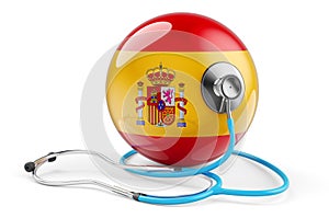 Spainish flag with stethoscope. Health care in Spain concept, 3D rendering