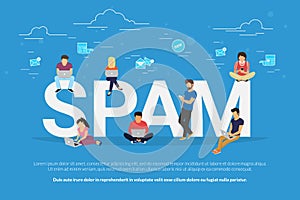 Spam concept flat vector illustration of young men and women receiving unsolicited emails