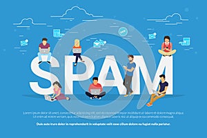 Spam concept flat vector illustration of young men and women receiving unsolicited emails photo