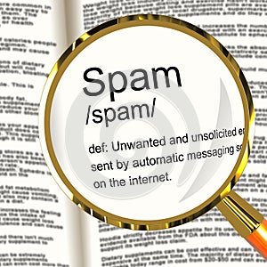 Spam Definition Magnifier Showing Unwanted And Malicious Email