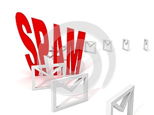 Spam e-mail concept with row of envelopes on white