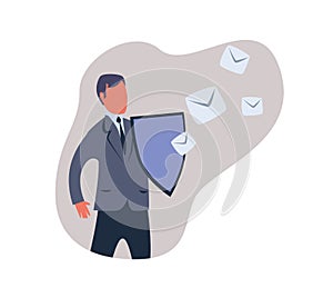 Spam filter, male shield off unwanted advertising messages. Concept vector illustration, isolated on white background.