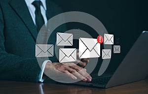 Spam mail and Phishing email, Cyber security concept. Businessman checking e-mail and sending on computer. Alert spam virus with