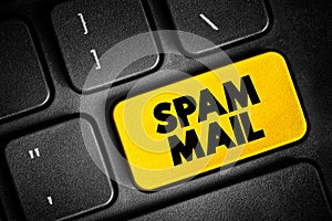 Spam Mail - unsolicited and unwanted junk email sent out in bulk to an indiscriminate recipient list, text concept button on