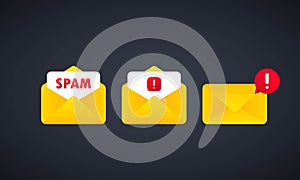 Spam message. Email warning concept. Envelope with spam. Alert message notification. Danger error alerts. Stop spam vector