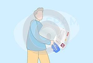 Spam messages concept illustration. Character shakes out spam irrelevant unsolicited malicious emails, notifications of