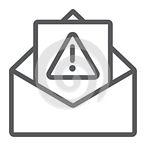 Spam warning line icon, letter and email, alert mail sign, vector graphics, a linear pattern on a white background.
