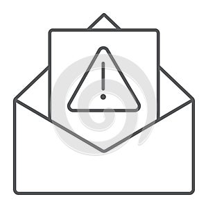 Spam warning thin line icon, letter and email, alert mail sign, vector graphics, a linear pattern on a white background.