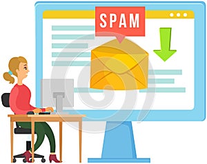 Spamming mailbox concept, email on screen of monitor. Email box hacking, spam warning concept