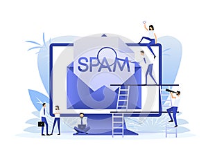 Spamming mailbox concept. Flat style characters. Email box hacking, spam warning.
