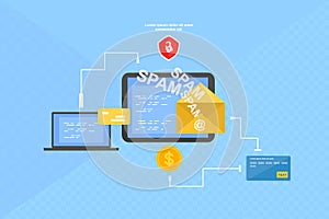 Spamming mailbox concept, user data on the screen of a monitor. Email box hacking, spam warning. Vector illustration