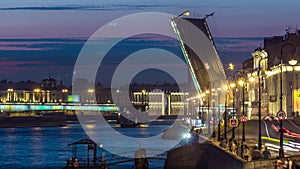 Span of the Liteyny Bridge is lifted over the river Neva timelapse