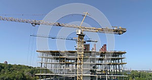 A span over the construction site of a multi-storey residential building. Construction of apartments top view