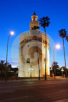 Tower of Gold at dusk, Seville, Spain.