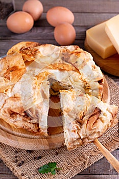 Spanakopita, greek phyllo pastry pie with cheese filling