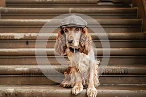 spaniel with cap, sitting on a librarys steps photo