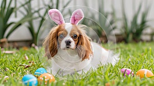 A Spaniel dog in bunny ears surrounded by colorful Easter eggs on green grass in the garden