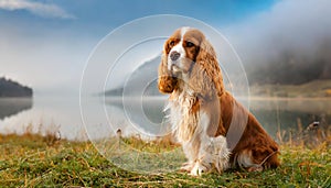 Spaniel dog on green meadow by the misty lake. Domestic animal