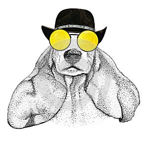 Spaniel dog head hand drawn illustration. animal with glasses and a hat