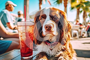 Spaniel dog is relaxing on the beach with a cocktail. The concept of summer tourism. Generative AI