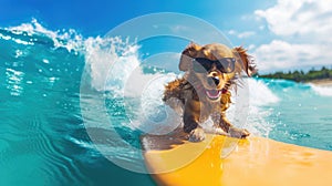 Spaniel dog in sunglasses rides sea wave, happy pet surfs in ocean, view of funny surfer sliding on blue water and sky. Concept of