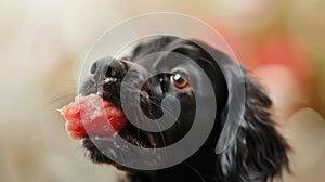 A spaniel gently biting into a raw turkey neck, set against a backdrop that fades into soft focus, emphasizing the