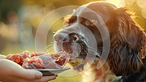 A spaniel gently biting into a raw turkey neck, set against a backdrop that fades into soft focus, emphasizing the