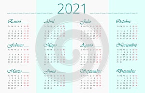 Spanish 2021 year calendar in simple and clean design. Stock illustration