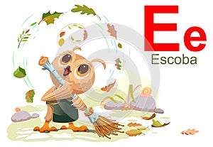 Spanish abc alphabet letter e escoba. Owl bird janitor sweeping leaves broom photo