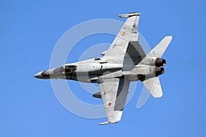 Spanish Air Force Boeing F/A-18 Hornet fighter jet plane in flight. The Netherlands - April 19, 2018