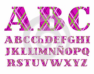 Spanish alphabet, cage, diamond pattern, purple, vector.