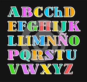 Spanish alphabet colorful letters, white outline, vector.